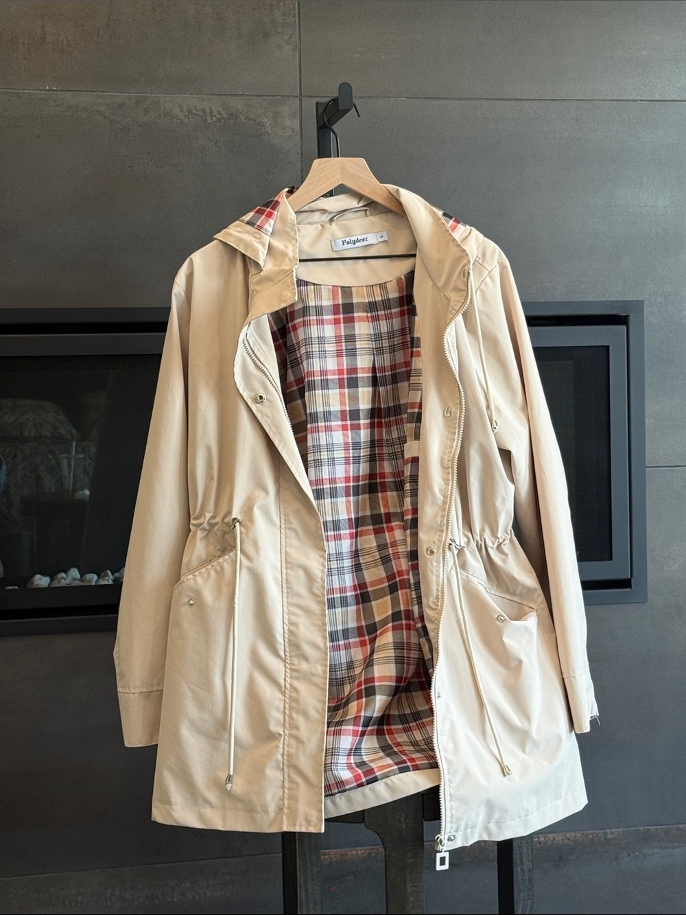 Beige Hooded Trench Coat with Plaid Lining